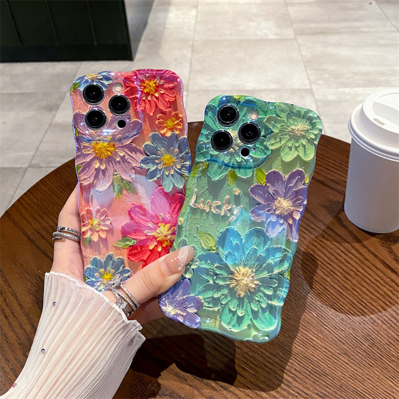 Phone Cases Iphone 15 - Retro Blue Light Oil Painting Flowers
